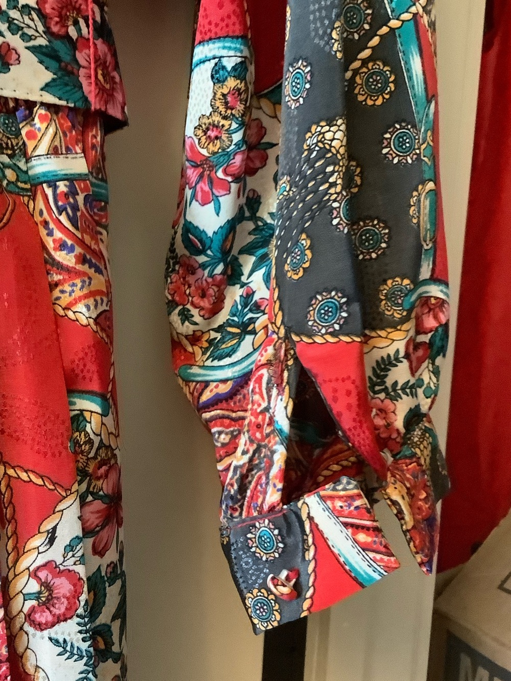 Vintage Retro Mono New York Red Paisley Long-Sleeve Midi Shirt Dress - Picture 7 of 10